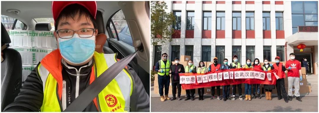 左圖：10輛轎車后座和后備箱堆滿了菜，出發(fā)送給社區(qū)；右圖：各位志愿者協助接收消毒防護物資